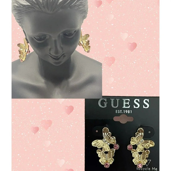 Guess Double Linear Butterfly Gold Pink Accent Crystal Bullet Post Earrings - Picture 1 of 4